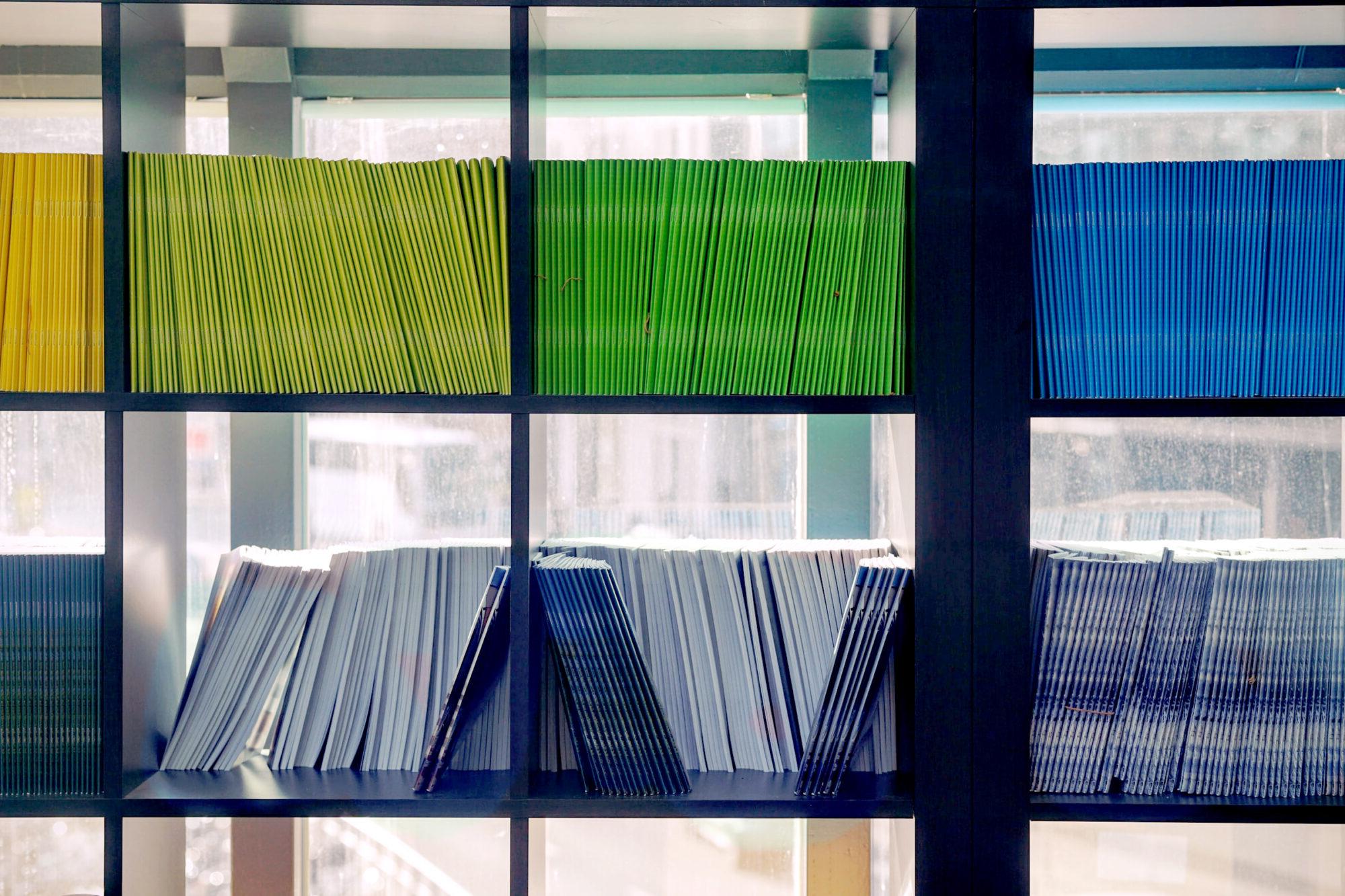 Shelves full of books and documents.